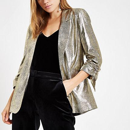 River Island Womens Gold Metallic Ruched Sleeve Blazer