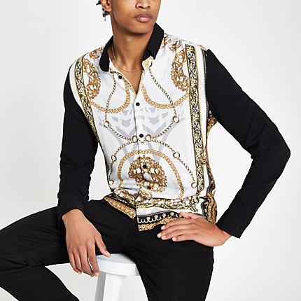 River Island Mens White Baroque Print Blocked Long Sleeve Shirt
