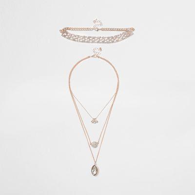 River Island Womens Rose Gold Tone Diamante Pave Necklace Set