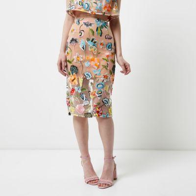 River Island Womens Petite Floral Embroidered Midi Skirt