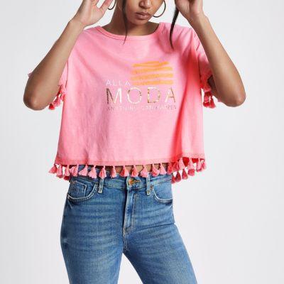 River Island Womens Pom Pom 'alla Moda' Print Boxy T-shirt