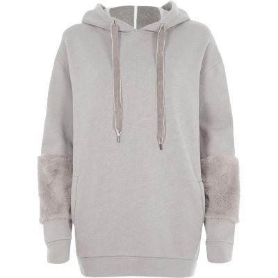 River Island Womens Faux Fur Cuff Longline Hoodie