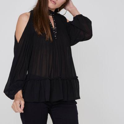 River Island Womens Petite Pleated Eyelet High Neck Top