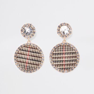 River Island Womens Gold Tone Check Diamante Stud Earrings