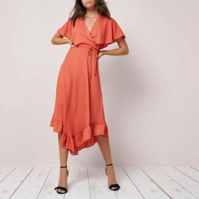 River Island Womens Wrap Asymmetric Hem Midi Dress