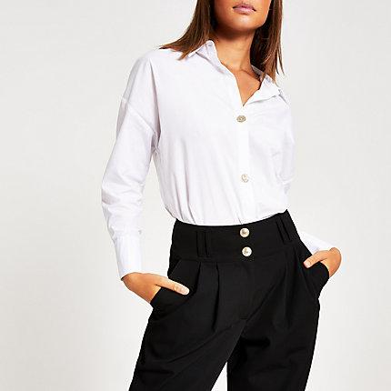 River Island Womens White Embellished Button Stepped Hem Shirt