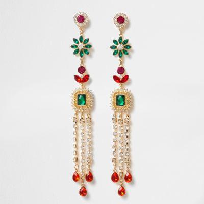 River Island Womens Gold Tone Multi Color Gem Dangle Earrings