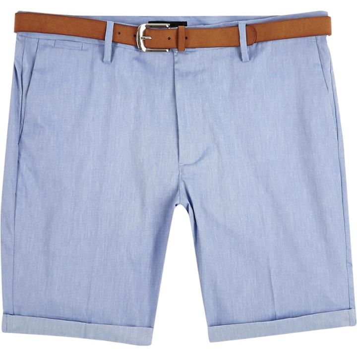 River Island Mensblue Belted Oxford Slim Shorts