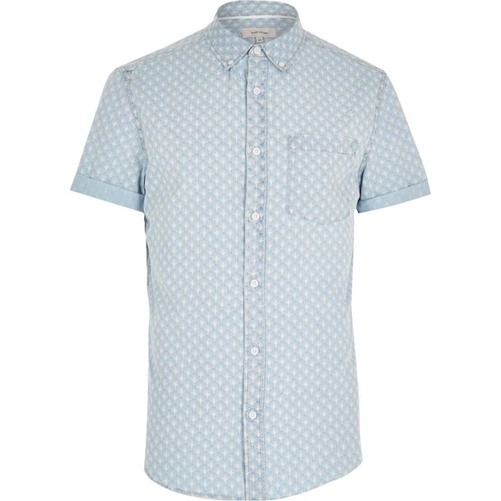 River Island Mensblue Shell Print Denim Short Sleeve Shirt
