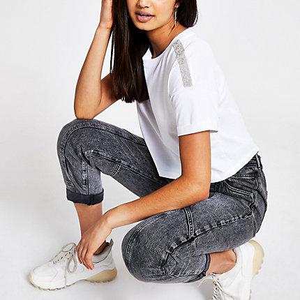 River Island Womens White Diamante Crop T-shirt