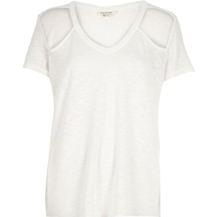 River Island Womens White Textured Cut-out Shoulder T-shirt