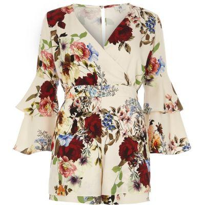 River Island Womens Petite Floral Wrap Frill Playsuit