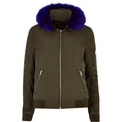 River Island Womens Contrast Faux Fur Hooded Bomber Jacket