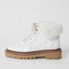 River Island Womens White Leather Quilted Lace-up Hiking Boots