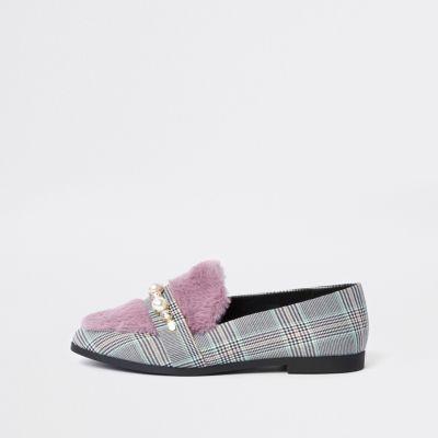 River Island Womens Check Faux Fur Wide Fit Snaffle Loafers