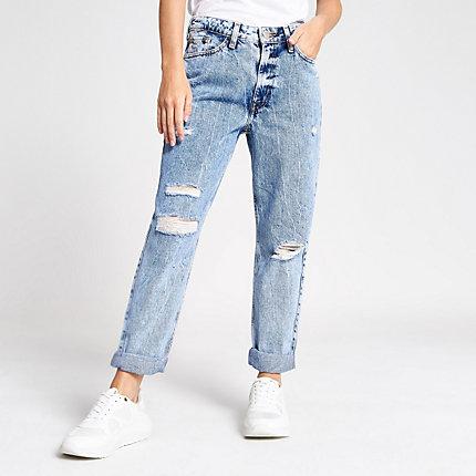 River Island Womens Petite Acid Wash Ripped Mom Jeans