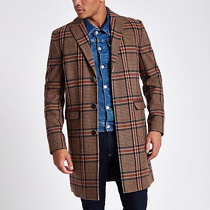 River Island Mens Check Wool Overcoat