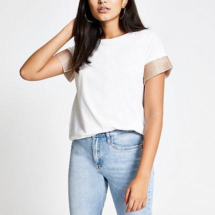 River Island Womens White Embellished Cuff Short Sleeve T-shirt