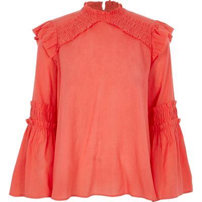 River Island Womens Pink Frill Shoulder Bell Sleeve Blouse