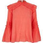River Island Womens Pink Frill Shoulder Bell Sleeve Blouse