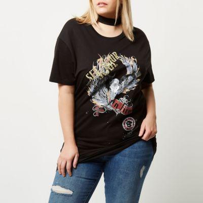 River Island Womens Plus Choker Neck Band Print T-shirt