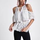 River Island Womens White Lace Frill Cold Shoulder Top