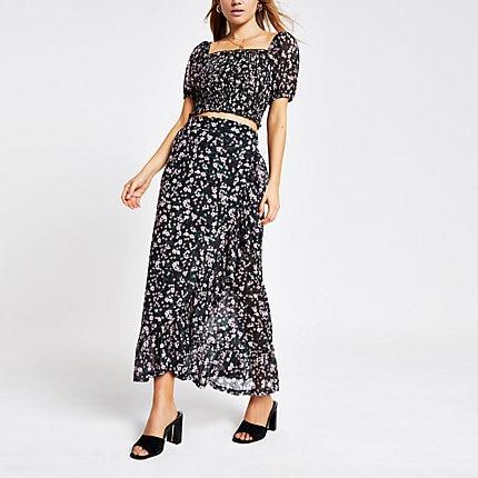 River Island Womens Floral Print Mesh Frill Maxi Skirt