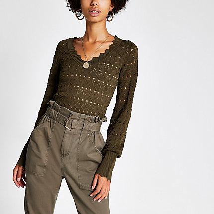 River Island Womens Knitted Long Sleeve V Neck Crop Top