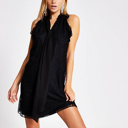 River Island Womens Lace Tie Neck Frill Swing Mini Dress