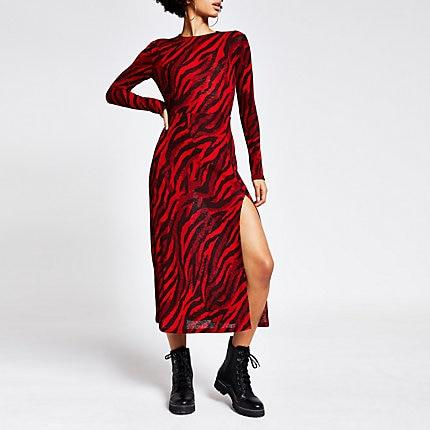 River Island Womens Printed Long Sleeve A Line Midi Dress