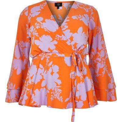 River Island Womens Plus Floral Wrap Flute Sleeve Blouse
