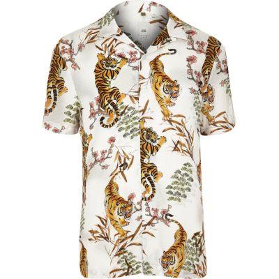 River Island Mens White Tape Tiger Print Revere Shirt