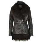 River Island Womens Leather-look Faux Fur Hem Jacket