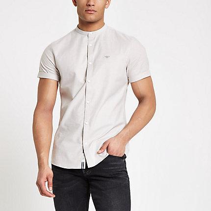 River Island Mens Grandad Collar Stretch Oxford Shirt