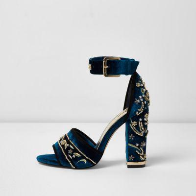 River Island Womens Velvet Embellished Block Heel Sandals