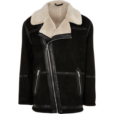 River Island Mensblack Borg Collar Faux Suede Jacket