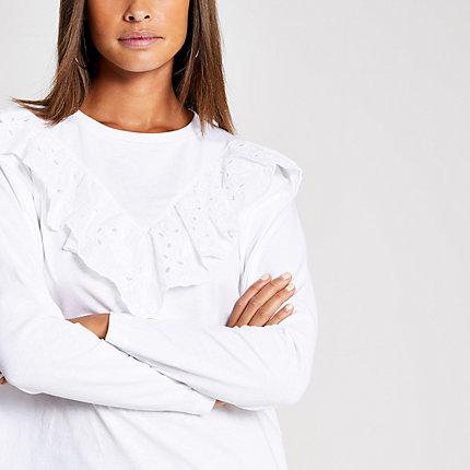 River Island Womens White Broderie Trim Long Sleeve T-shirt