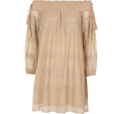 River Island Womens Nude Floral Embroidered Smock Swing Dress