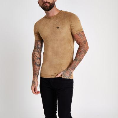 River Island Mens Muscle Fit Faux Suede T-shirt