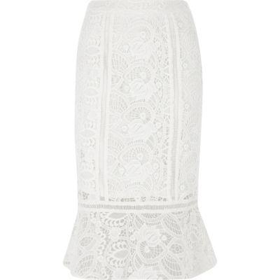 River Island Womens White Lace Peplum Hem Pencil Skirt