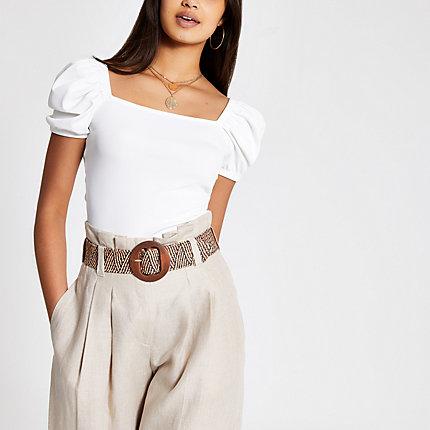 River Island Womens White Ribbed Puff Sleeve T-shirt
