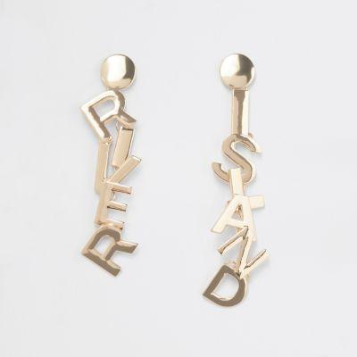 River Island Womens Gold Tone Ri Branded Drop Earrings