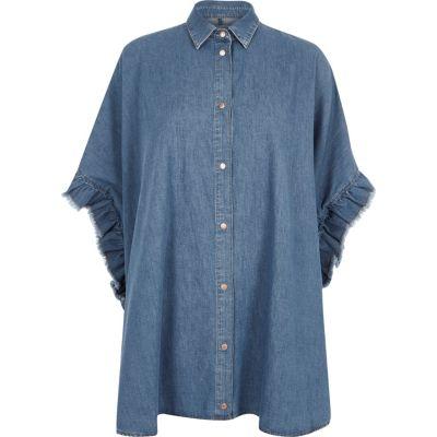 River Island Womens Denim Frill Sleeve Oversized Shirt