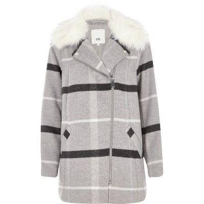 River Island Womens Check Faux Fur Collar Biker Coat