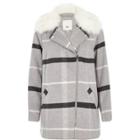 River Island Womens Check Faux Fur Collar Biker Coat