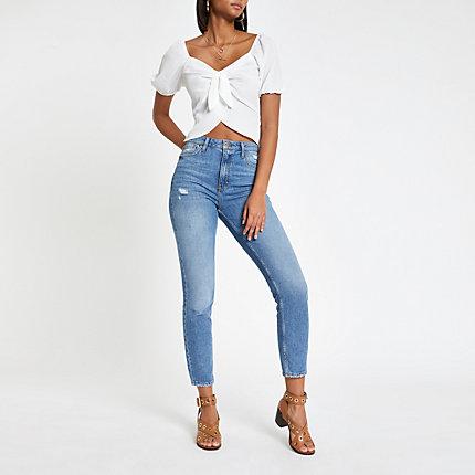 River Island Womens White Tie Front Crop Top