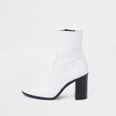 River Island Womens White Leather Sock Block Heel Ankle Boots