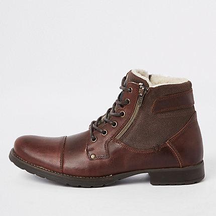 River Island Mens Leather Zip Side Lace-up Boots
