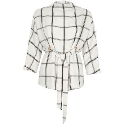 River Island Womens White Check Eyelet Tie Up Front High Neck Top