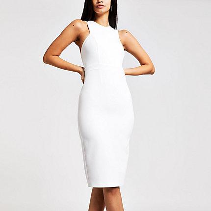 River Island Womens White High Neck Midi Bodycon Dress